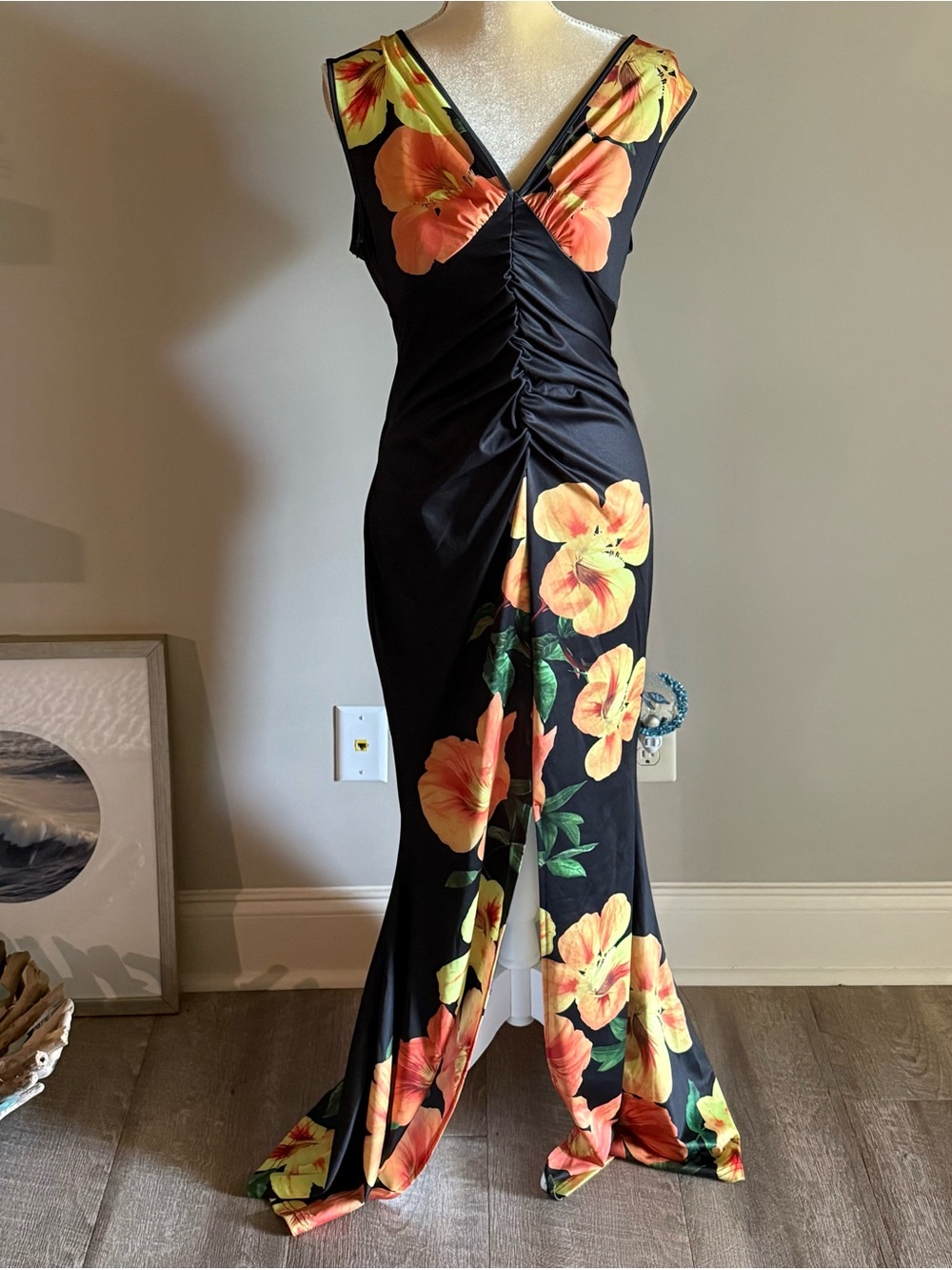 SHEIN Black Maxi Dress with Orange Yellow Floral Accents